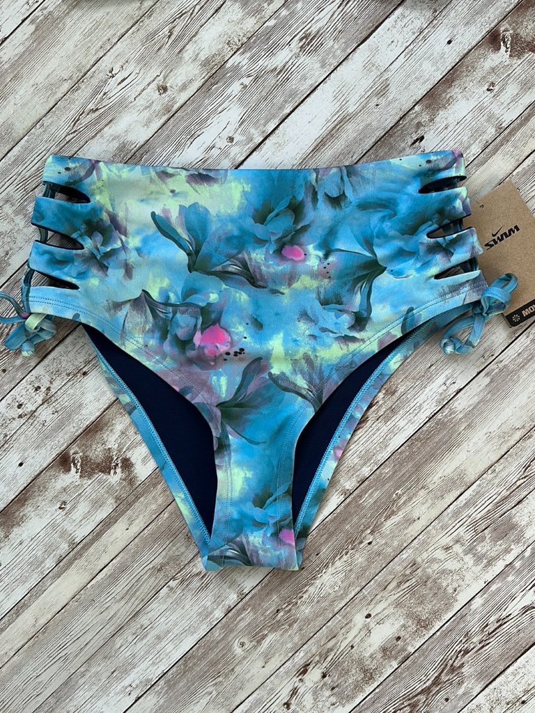 Nike Aqua Floral Bikini Bottom Sz Small High Waisted Cut Out Blue Flattering Sun